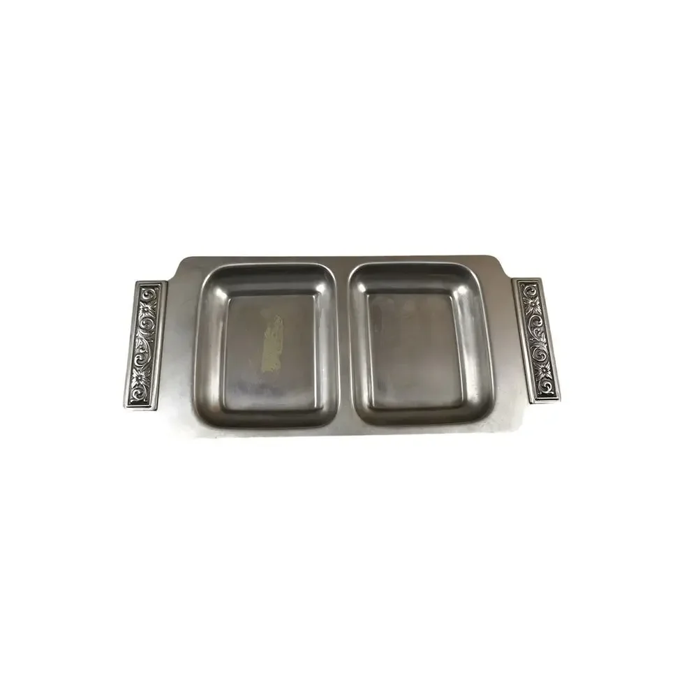 Stainless Steel Tray Japanese Decorator Two Compartment with Floral Handles